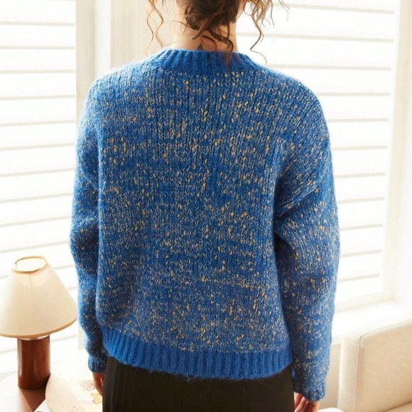 Blue Casual Womens Knit Mix Marled Knit Drop Shoulder Cardigan - Picture 3 of 6